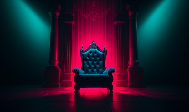 A throne stands alone in an empty room neon lights casting shadows