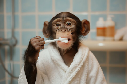 Funny dental hygiene image of a chimpanzee monkey wearing dressing gown and brushing its own teeth with toothbrush and toothpaste in bathroom with some copy space