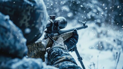 A skilled sniper, bundled in winter gear, holds a sniper rifle with an optical sight, aiming stealthily in a snowy landscape - obrazy, fototapety, plakaty