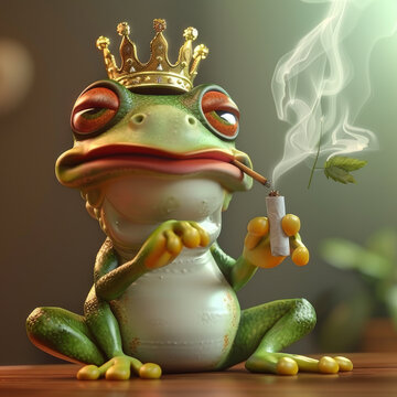 3D render of a cartoon caricature of a frog with crown on his head smoking weed joint in the world of south park