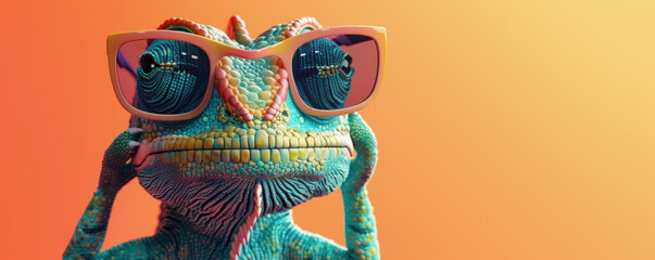 3d rendered image of a small colorful chameleonlike reptile wearing sunglasses in the style of photobashing playful postmodernism teal playful installations naturalistic portraits - obrazy, fototapety, plakaty