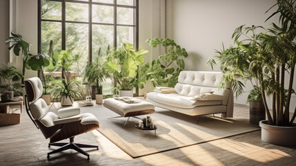 Fototapeta premium A modern living room featuring a white armchair, a glass and metal coffee table, and a variety of potted plants