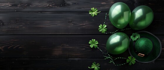 Naklejka premium top view st patricks day four leaf clover, balloons, leprechaun's hat on rustic black wooden table