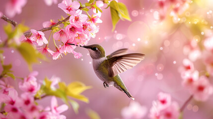 Spring Awakening: A Graceful Hummingbird Hovering Near Blossoming Cherry Flowers Amidst Soft Glowing Lights - Perfect for Nature Enthusiasts and Bird Lovers