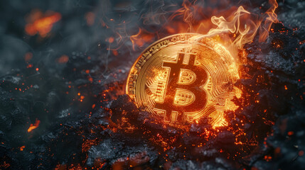 Bitcoin and crypto symbols ablaze dynamic flames representing market heat against a dark backdrop - obrazy, fototapety, plakaty