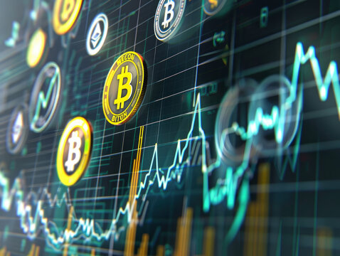 Bitcoin and various cryptocurrencies on a holographic rising graph digital era finance neon glow