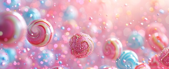 Fantasy swirls of candy adorned with sparkling sugar crystals against a soft, pastel bokeh backdrop.