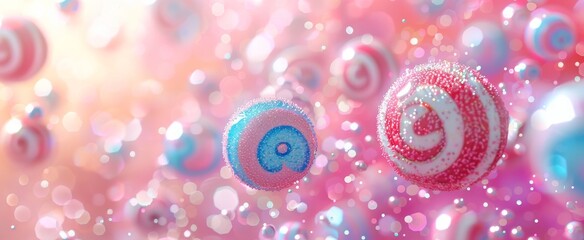 Fantasy swirls of candy adorned with sparkling sugar crystals against a soft, pastel bokeh backdrop.