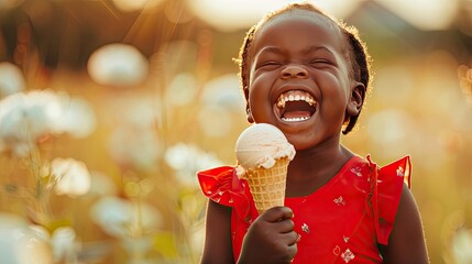 A joyful black child in a vibrant red dress laughs while savoring a melting ice cream in a waffle cone on a hot summer day. Captures the carefree happiness of childhood in the warmth of summer