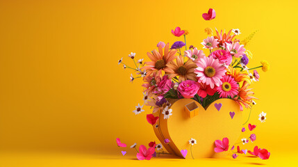 Vibrant Bouquet of Fresh Spring Flowers Bursting from a Golden Heart-Shaped Box on a Sunny Yellow Background - Perfect for Wallpapers, Backgrounds, and Floral Designs