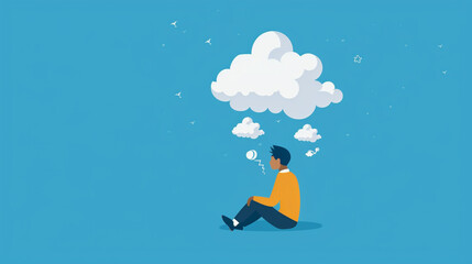 Cartoon vector of a person sitting under a thought cloud symbolizing contemplation and mental health awareness