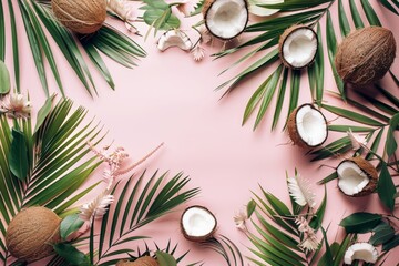 Pink background featuring coconuts and palm leaves arranged in a tropical composition. - obrazy, fototapety, plakaty