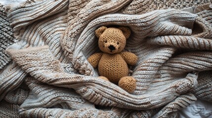 Top view of a small knitted child toy bear covered with a warm blanket on a flat bed, creating a cozy and comforting scene for children's spaces. Ideal for showcasing handmade, adorable nursery decor