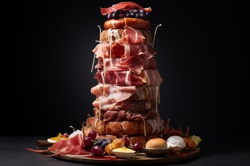 An abstract culinary tower where meat and cake intertwine in an unexpected visual feast - obrazy, fototapety, plakaty
