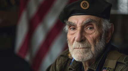 A portrait of a Jewish American veteran standing proudly in front of an American flag, with a subtle Star of David pin on their lapel, symbolizing a proud heritage and patriotic service