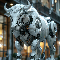 realistic photo charging bull as AI robot