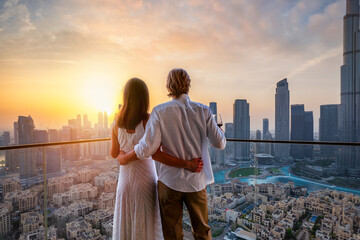A hugging couple enjoys the beautiful sunset behind the skyline of Downtown Dubai, UAE