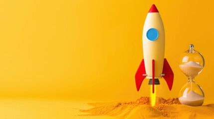 Rocket taking off near hourglass on yellow background