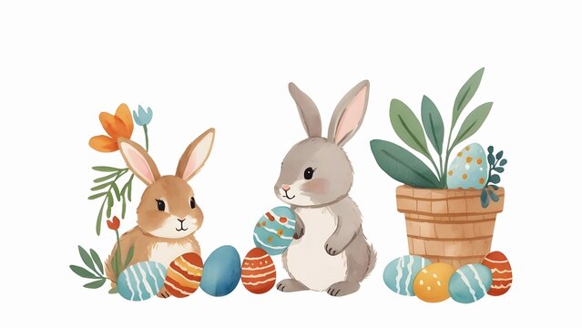 Watercolor painting of two bunny among colourful easter eggs isolated on white background. Woodland animal illustration for design, greeting card, template, wallpaper, artwork