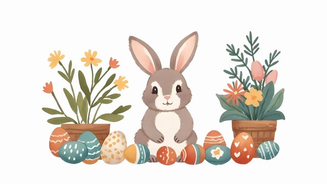 Watercolor painting of cute bunny among easter eggs and flowers pot isolated on white background. Woodland animal illustration for design, greeting card, template, wallpaper, artwork