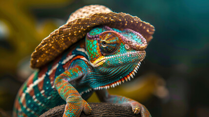 the most colorful chameleon wearing a gambler hat award winning photography high realism depth of...