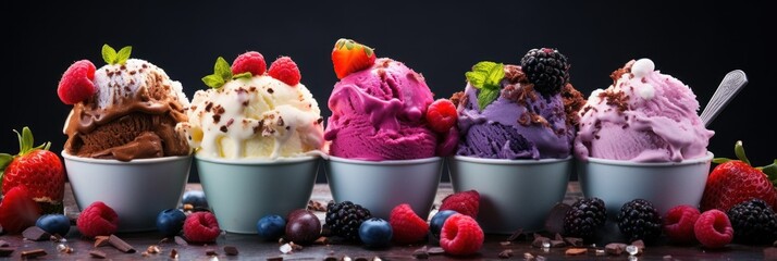 Variety of ice cream and frozen treats of berries and fruit black background
