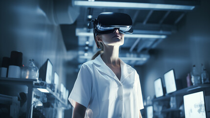 Female doctor wearing virtual reality glasses. Innovative medicine. Female Doctor wearing virtual reality glasses. Medical technology, Health care medicine concept