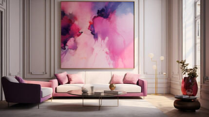 A modern living room with a chic pink and purple color block design on the walls
