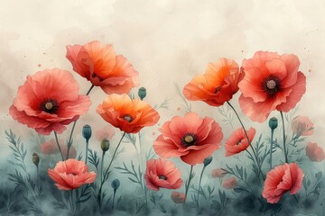 Watercolor poppy flowers background