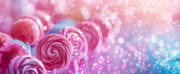 Whimsical pink lollipops with glittering sugar on a dreamy bokeh and bead background.