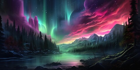 Digital art illustrating fantasy aurora lights streaming above a mystical forest landscape - obrazy, fototapety, plakaty