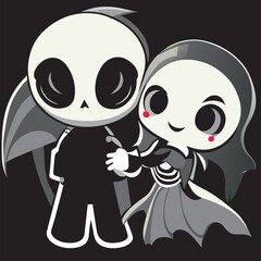 Obraz na płótnie Canvas couples in love the lovers, in the style of skeletal, graphic black and white, deathcore, low resolution, bioluminescence, crisp outlines, vector illustration kawaii