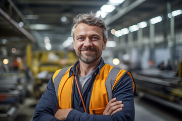 Obraz premium Smiling european man at work in a factory. Worker recruitment. Job offer. Work in industry. Jobs in a factory. Factory in Europe.