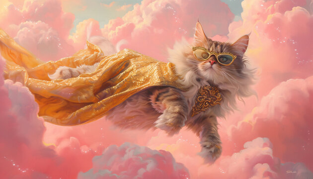 Majestic Cat in the Sky: A Fluffy Feline with Golden Goggles and Cape Soaring Amongst Pink Clouds - A Detailed Digital Artwork Illustration Perfect for Children’s Book, Gaming, and Animation Themes