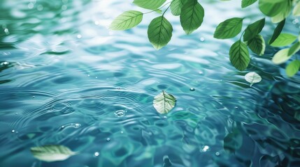 Naklejka na ściany i meble Captivating green leaves floating on a serene water surface, creating a beautiful ripple background.