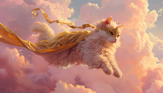 Majestic Cat Soaring through Cloudy Skies with Golden Ribbon - Fantasy Artwork Illustration for Wall Decor, Digital Art, and Creative Design