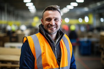 Fototapeta premium Smiling european man at work in a factory. Worker recruitment. Job offer. Work in industry. Jobs in a factory. Factory in Europe.