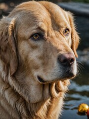 Portrait of a Golden Retriever dog, close-up of the beautiful pet on a neutral blurred background