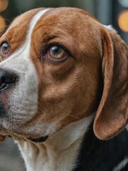 Portrait of a Beagle dog, close-up of the beautiful pet on a neutral blurred background