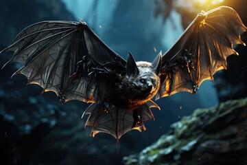 Night bat on flight in a mysterious cave., generative IA - obrazy, fototapety, plakaty