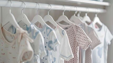 Newborn girl and boy baby bodysuits neatly hanging on white hangers in a clean wardrobe