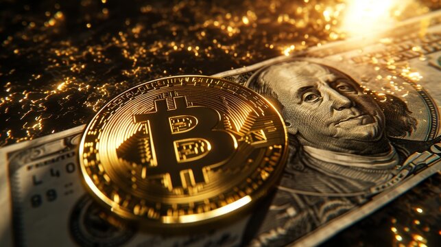 A gold bitcoin coin rests on a hundred dollar bill illuminated by a shimmering golden light
