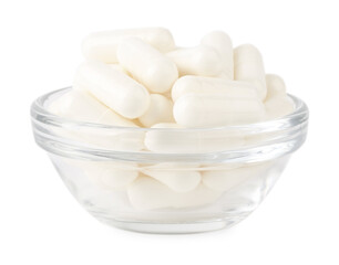 Fototapeta na wymiar Vitamin capsules in glass bowl isolated on white