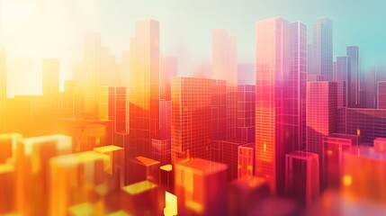 A digital representation of a futuristic city skyline in warm hues, providing a sleek and colorful...
