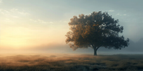 A solitary tree amidst a misty countryside