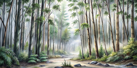 Panorama Watercolor Bamboo Rainforest
