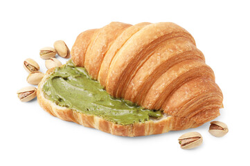 Croissant with tasty pistachio cream and nuts isolated on white