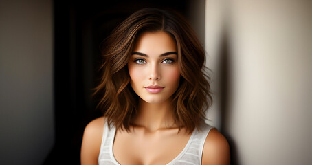 Fototapeta premium Beautiful brunette girl, closeup face. Beautiful brunette woman, portrait closeup. Face of young woman with blue eyes and wavy hair. Beauty face. Model girl with curly hairstyle. Woman face close up.