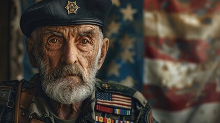 A portrait of a Jewish American veteran standing proudly in front of an American flag, with a subtle Star of David pin on their lapel, symbolizing a proud heritage and patriotic service - obrazy, fototapety, plakaty