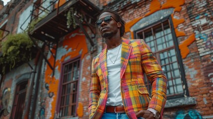 Obraz na płótnie Canvas Urban-chic Young Man in Colorful Blazer Generative AI